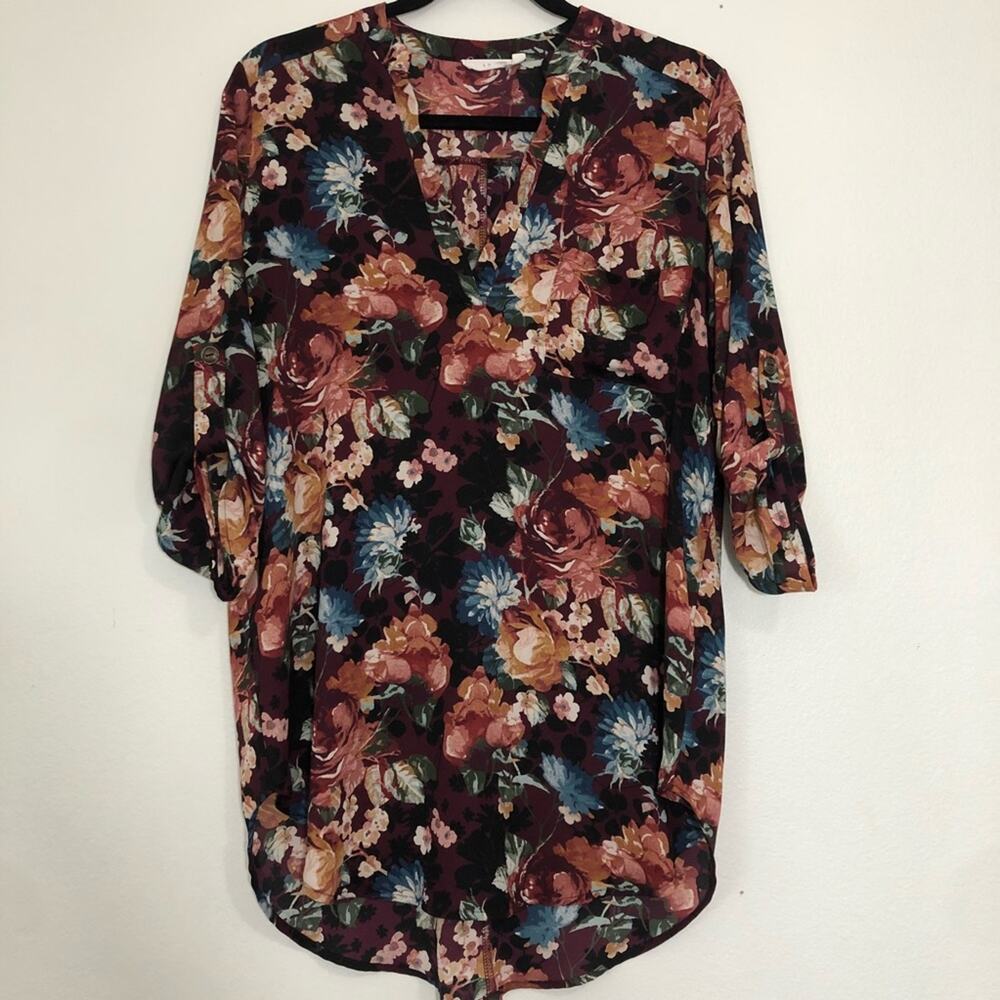 Lush Floral Blouse Tunic Button Sleeve Burgundy